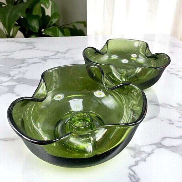 Anchor Hocking Modern Avocado Candlestick Holders Green Set 2 Folded Edge Votive - Picture 2 of 15